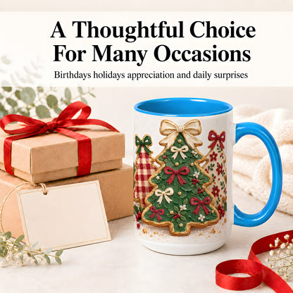 #pl[15oz|Blue] Christmas Tree Cookie Ceramic Mug, Bow and Plaid Holiday Artwork