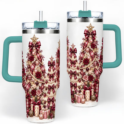#pl[40oz|Green] Burgundy Plaid Christmas 40oz Tumbler, Decorated Tree Holiday Artwork