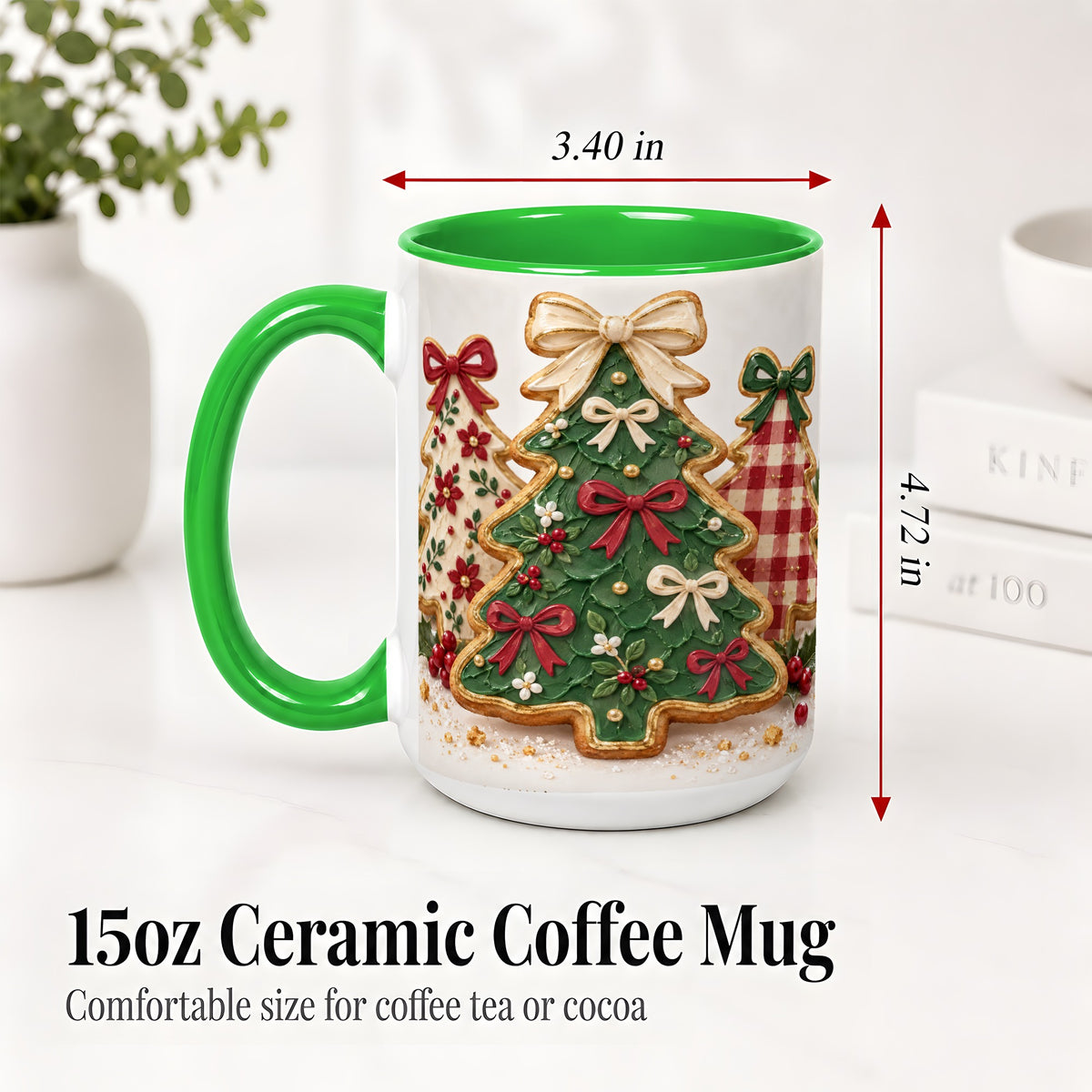 #pl[15oz|Green] Christmas Tree Cookie Ceramic Mug, Bow and Plaid Holiday Artwork