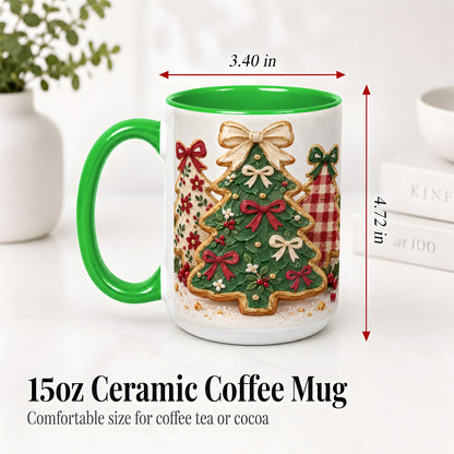 #pl[15oz|Green] Christmas Tree Cookie Ceramic Mug, Bow and Plaid Holiday Artwork