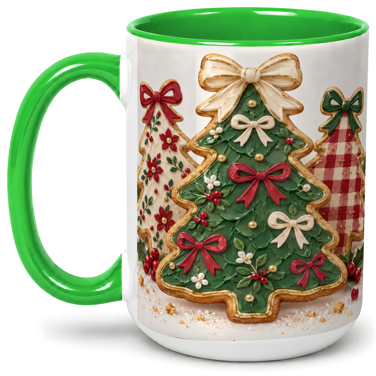 #pl[15oz|Green] Christmas Tree Cookie Ceramic Mug, Bow and Plaid Holiday Artwork
