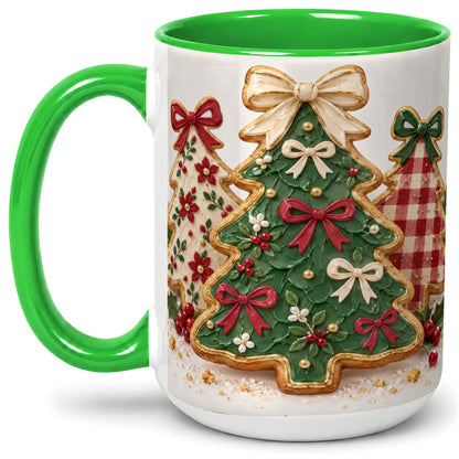 #pl[15oz|Green] Christmas Tree Cookie Ceramic Mug, Bow and Plaid Holiday Artwork