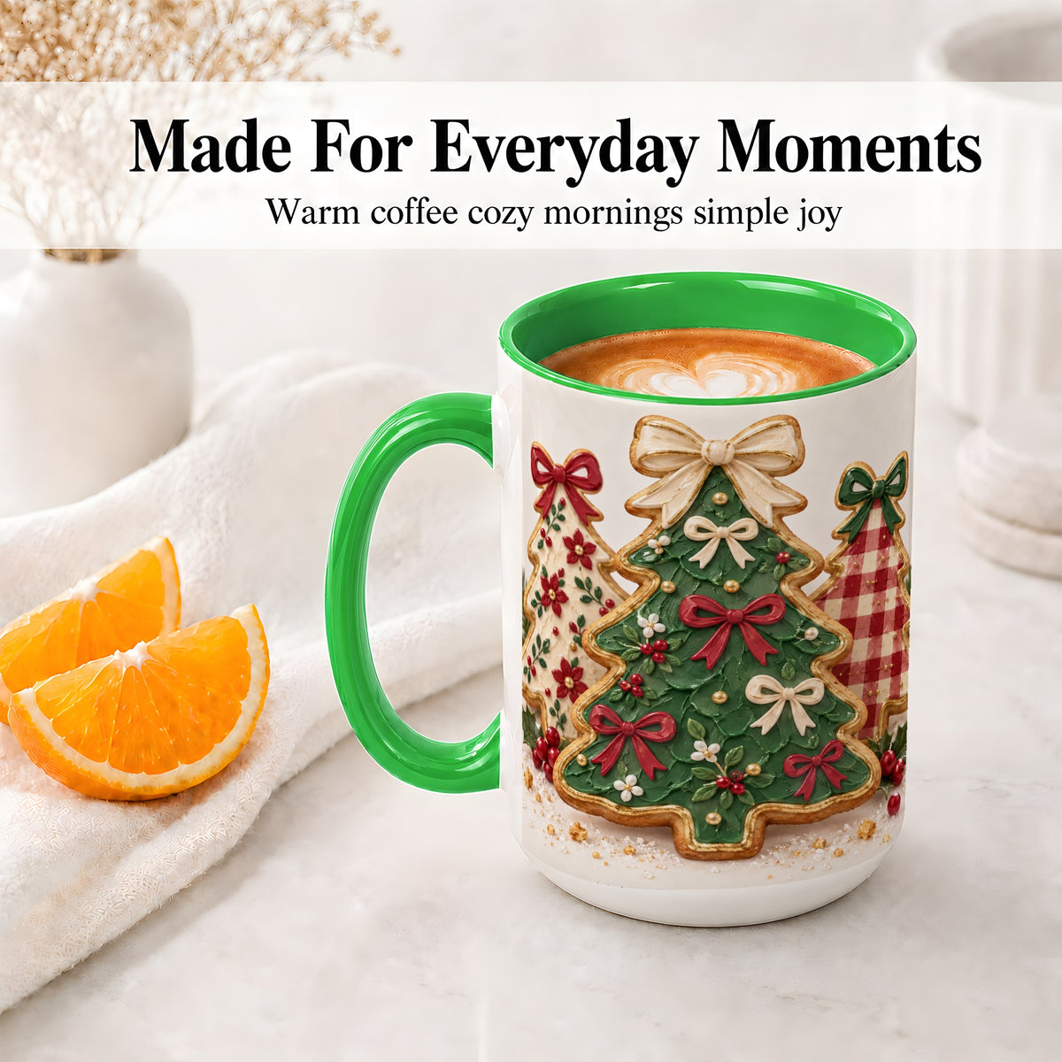 #pl[15oz|Green] Christmas Tree Cookie Ceramic Mug, Bow and Plaid Holiday Artwork