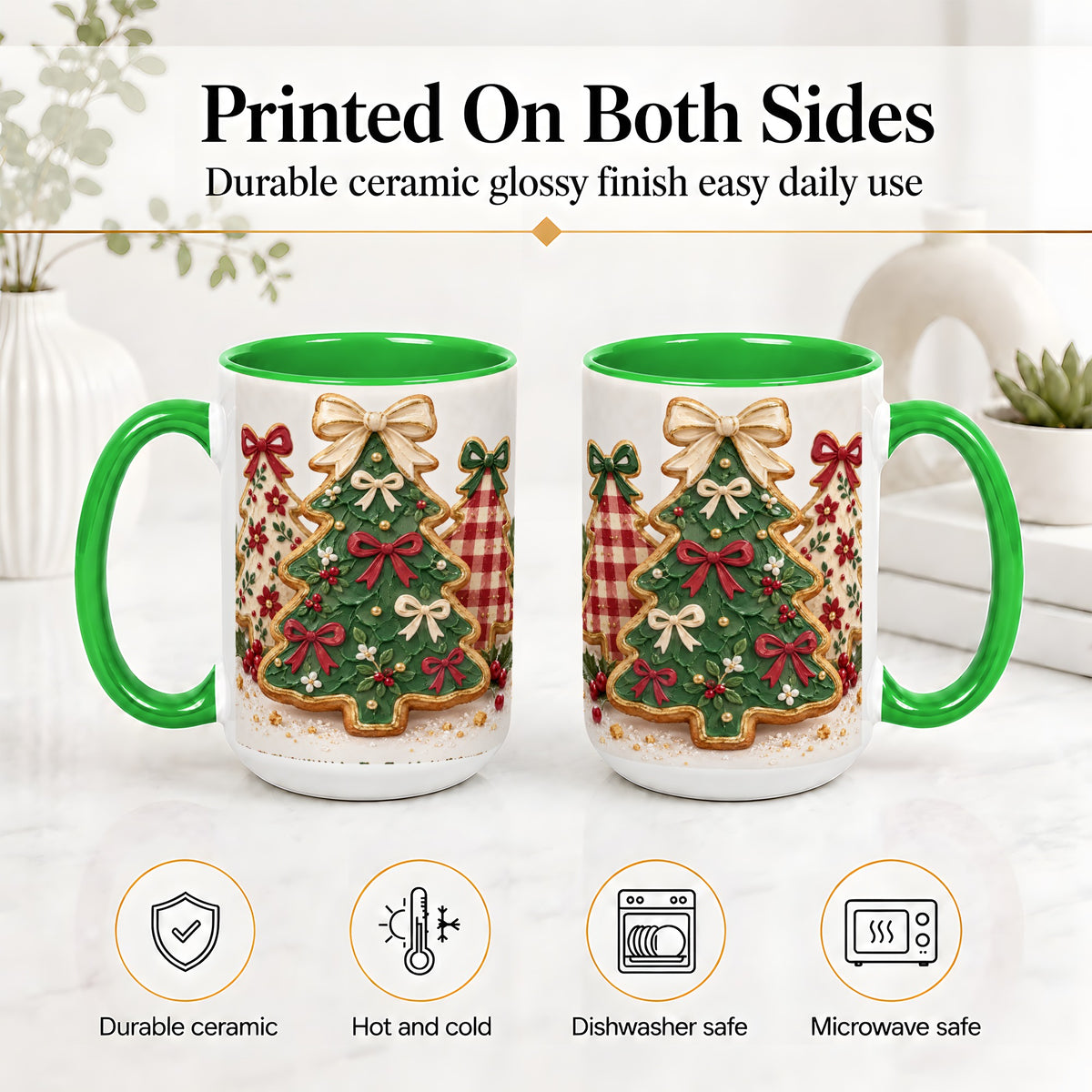 #pl[15oz|Green] Christmas Tree Cookie Ceramic Mug, Bow and Plaid Holiday Artwork