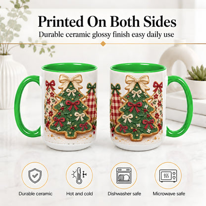 #pl[15oz|Green] Christmas Tree Cookie Ceramic Mug, Bow and Plaid Holiday Artwork
