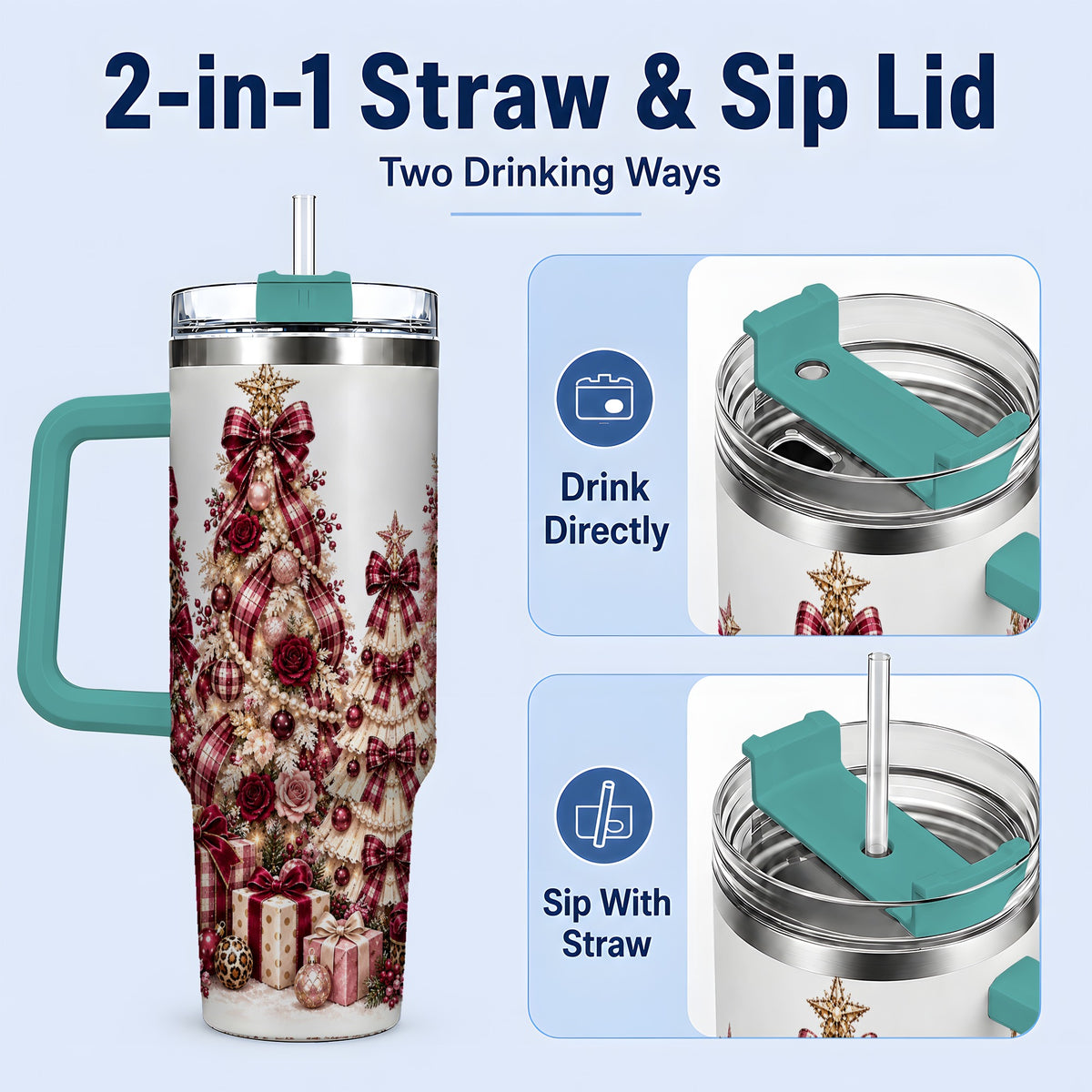 #pl[40oz|Green] Burgundy Plaid Christmas 40oz Tumbler, Decorated Tree Holiday Artwork