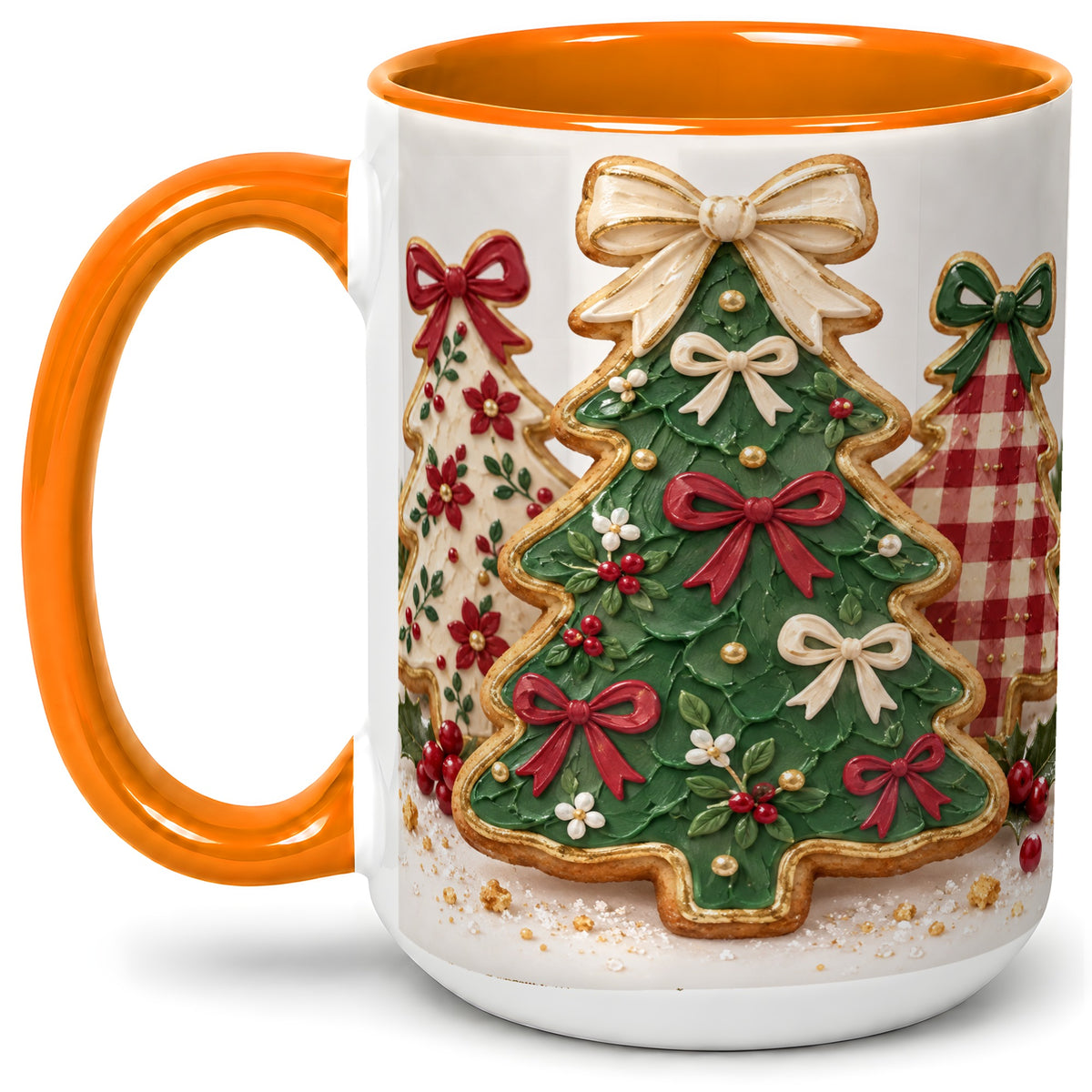 #pl[15oz|Orange] Christmas Tree Cookie Ceramic Mug, Bow and Plaid Holiday Artwork
