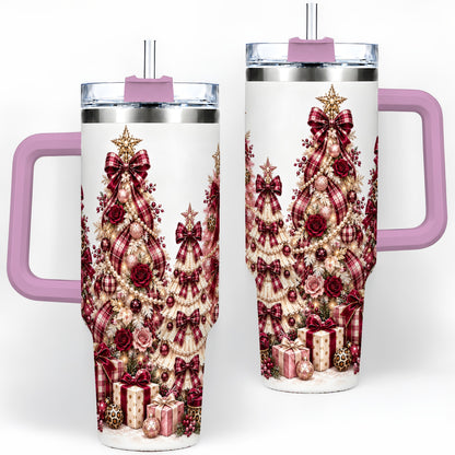 #pl[40oz|Pink] Burgundy Plaid Christmas 40oz Tumbler, Decorated Tree Holiday Artwork