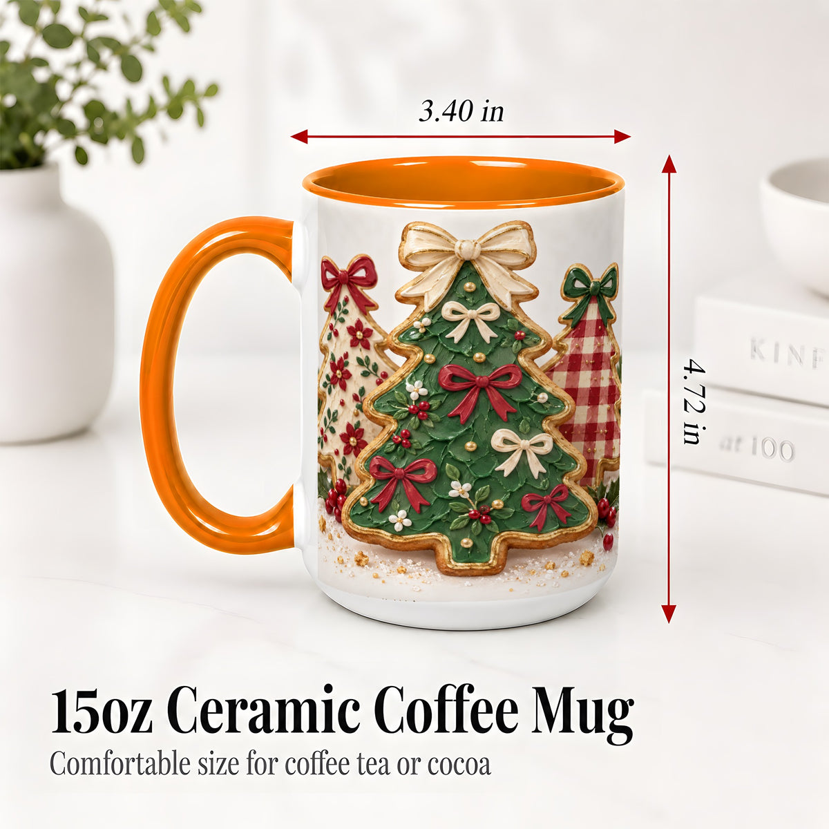 #pl[15oz|Orange] Christmas Tree Cookie Ceramic Mug, Bow and Plaid Holiday Artwork