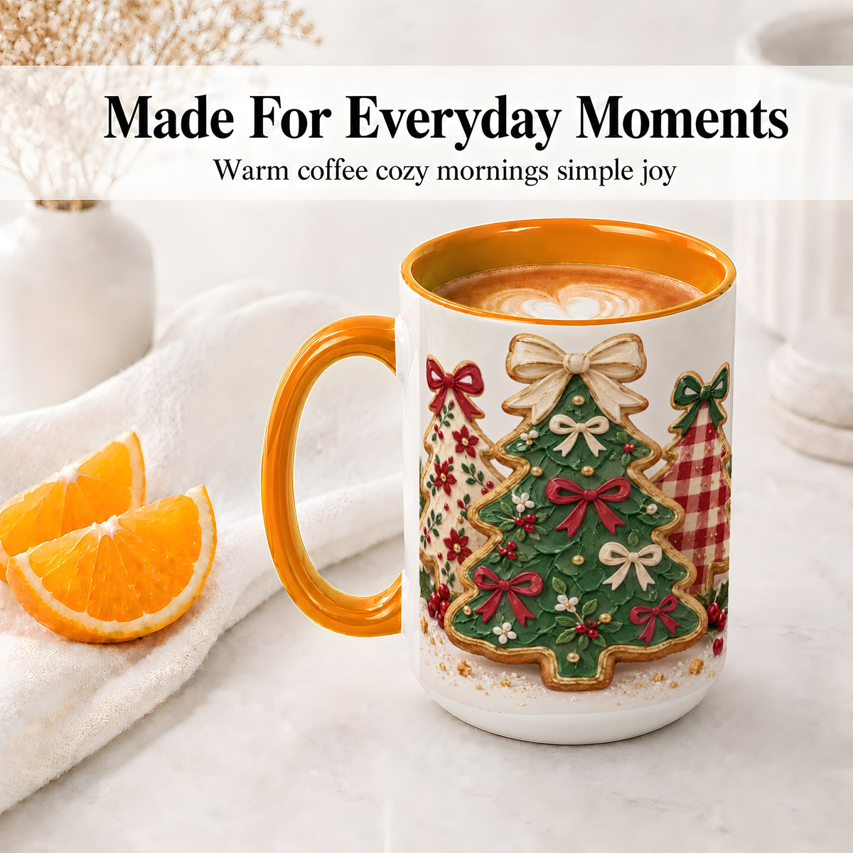 #pl[15oz|Orange] Christmas Tree Cookie Ceramic Mug, Bow and Plaid Holiday Artwork