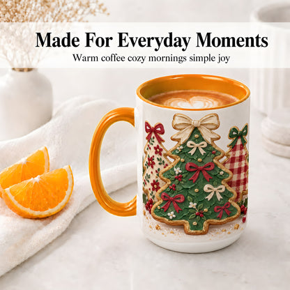#pl[15oz|Orange] Christmas Tree Cookie Ceramic Mug, Bow and Plaid Holiday Artwork