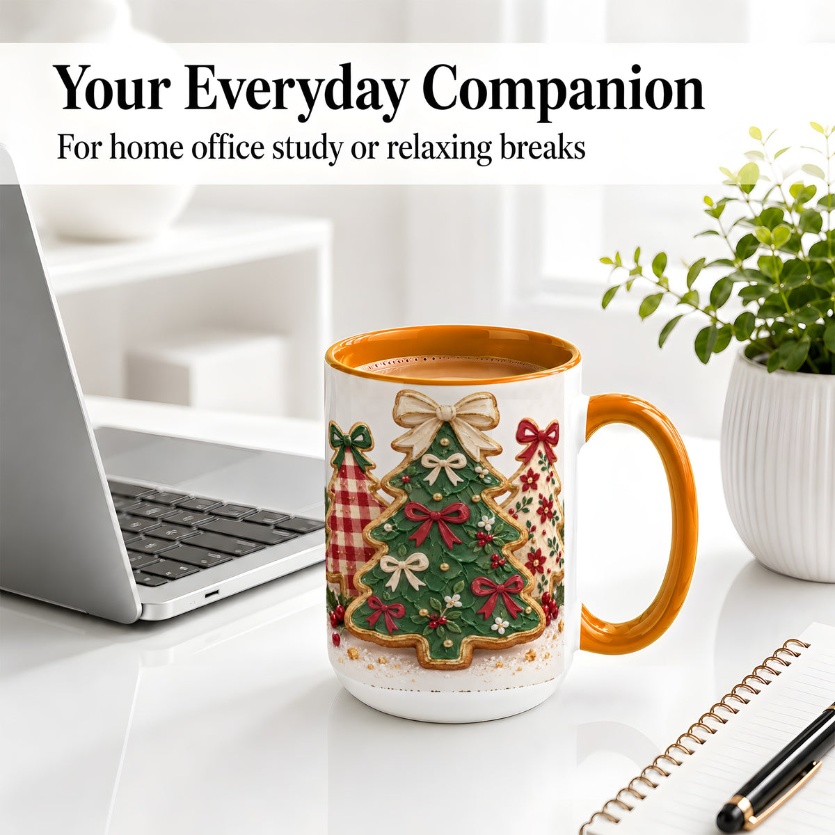 #pl[15oz|Orange] Christmas Tree Cookie Ceramic Mug, Bow and Plaid Holiday Artwork