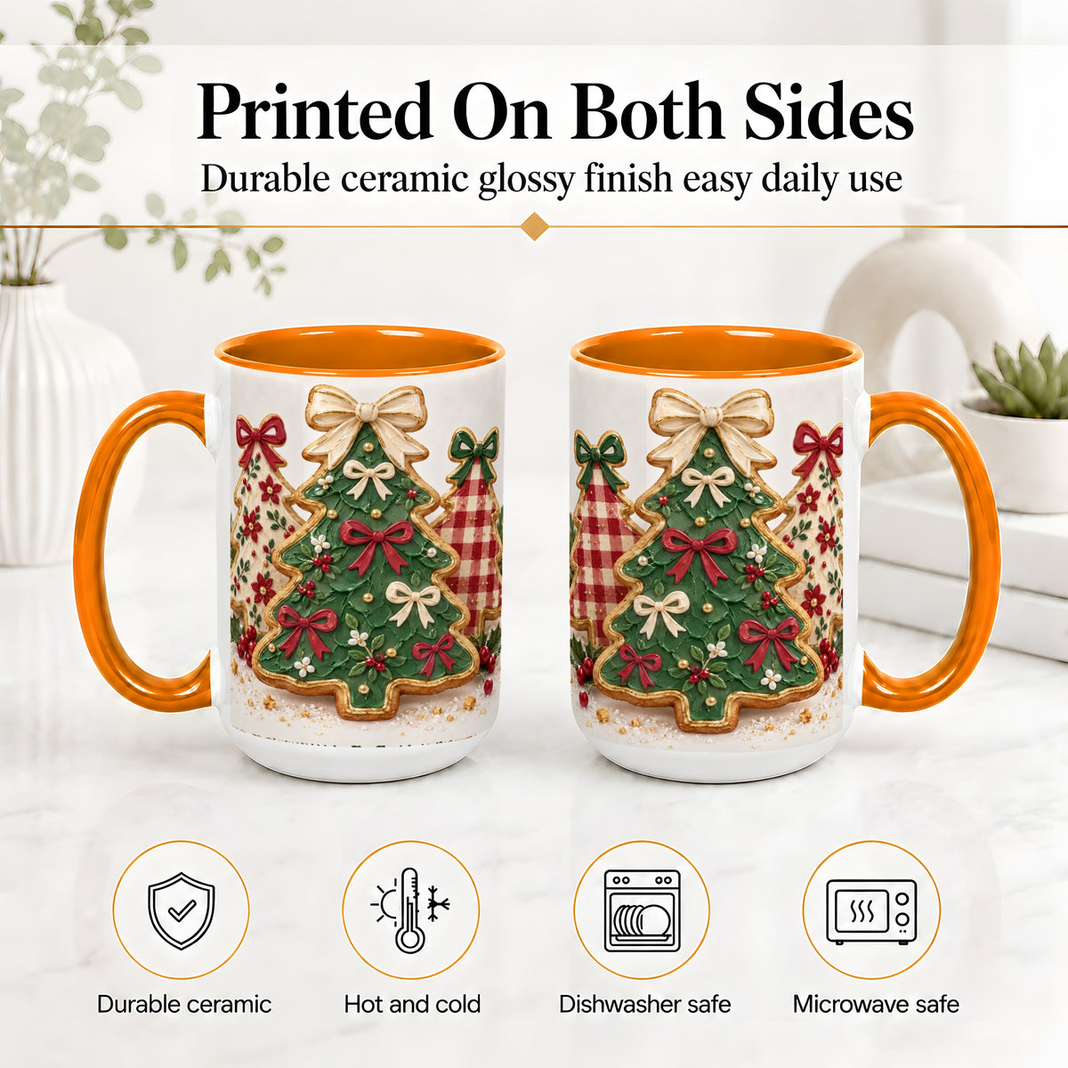 #pl[15oz|Orange] Christmas Tree Cookie Ceramic Mug, Bow and Plaid Holiday Artwork