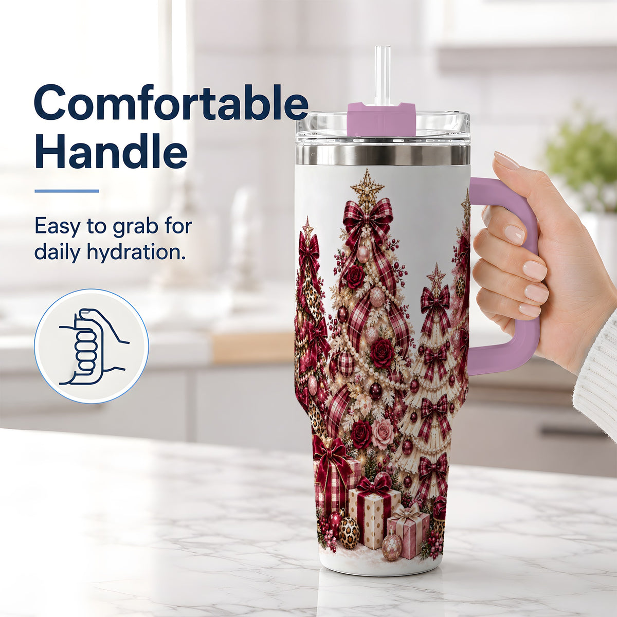 #pl[40oz|Pink] Burgundy Plaid Christmas 40oz Tumbler, Decorated Tree Holiday Artwork