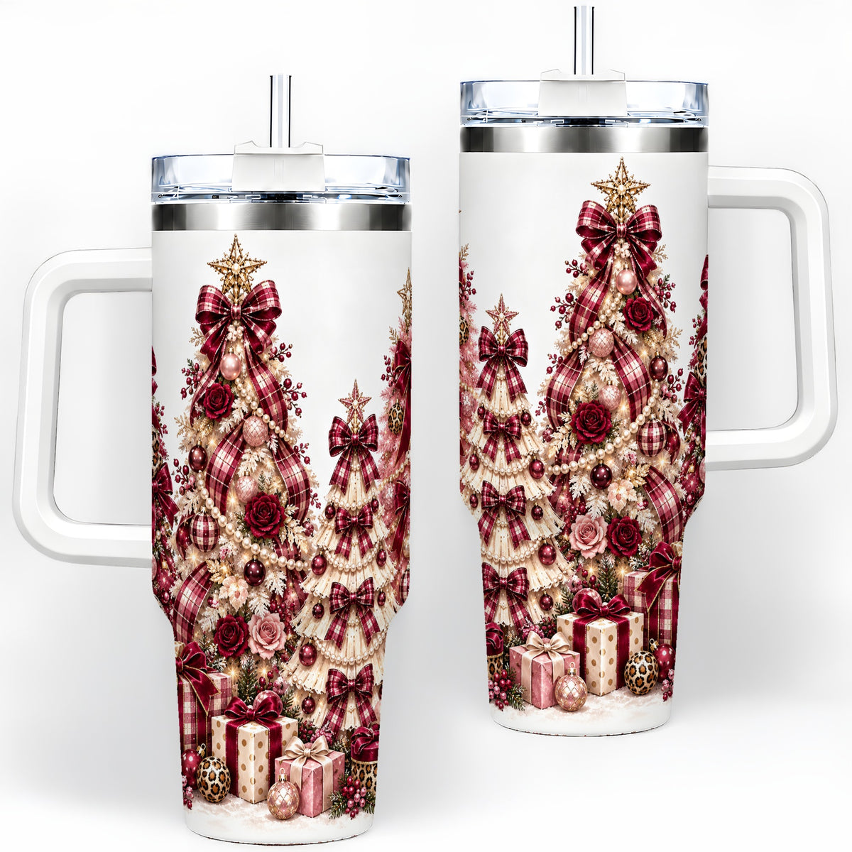 Burgundy Plaid Christmas 40oz Tumbler, Decorated Tree Holiday Artwork