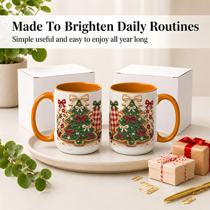 #pl[15oz|Orange] Christmas Tree Cookie Ceramic Mug, Bow and Plaid Holiday Artwork