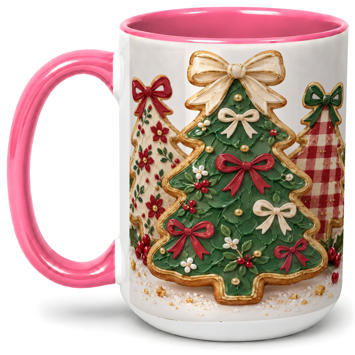 #pl[15oz|Pink] Christmas Tree Cookie Ceramic Mug, Bow and Plaid Holiday Artwork
