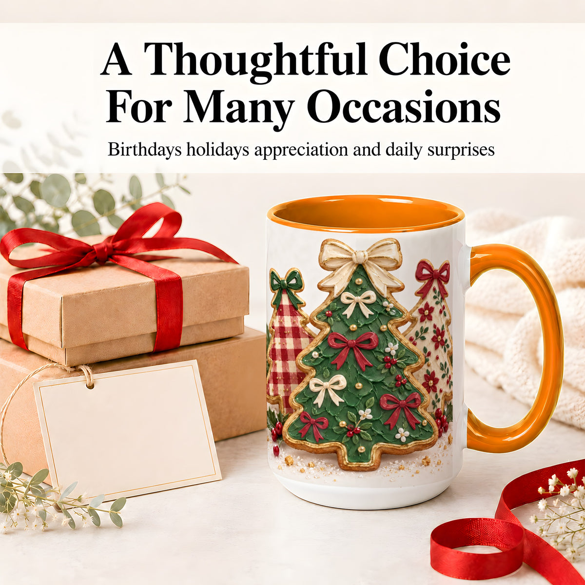 #pl[15oz|Orange] Christmas Tree Cookie Ceramic Mug, Bow and Plaid Holiday Artwork