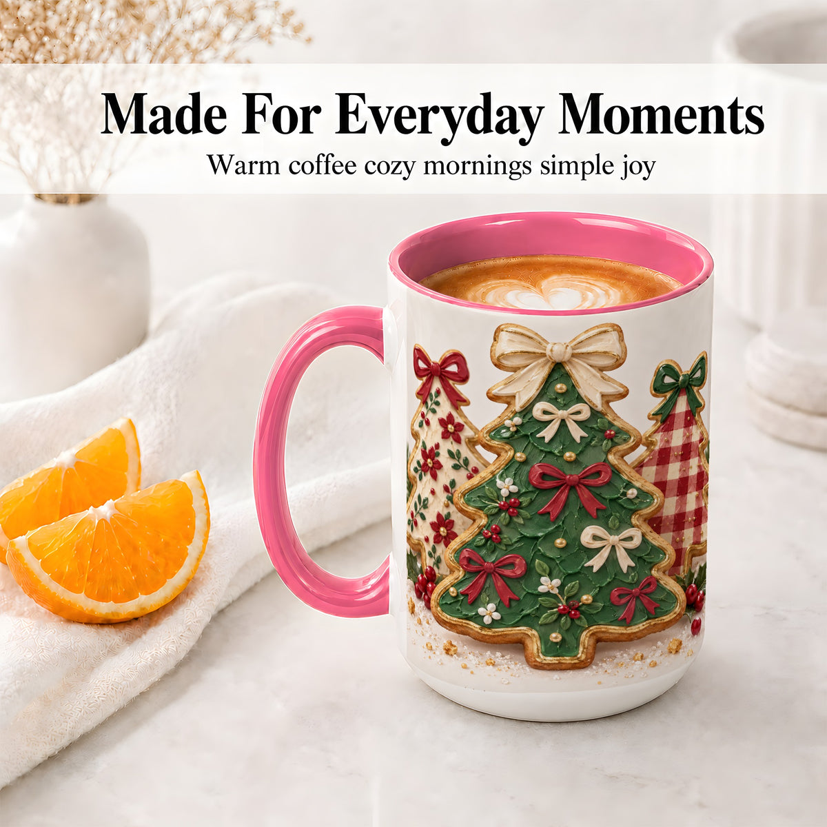 #pl[15oz|Pink] Christmas Tree Cookie Ceramic Mug, Bow and Plaid Holiday Artwork