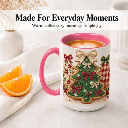 #pl[15oz|Pink] Christmas Tree Cookie Ceramic Mug, Bow and Plaid Holiday Artwork