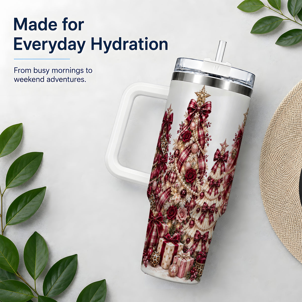 #pl[40oz|White] Burgundy Plaid Christmas 40oz Tumbler, Decorated Tree Holiday Artwork