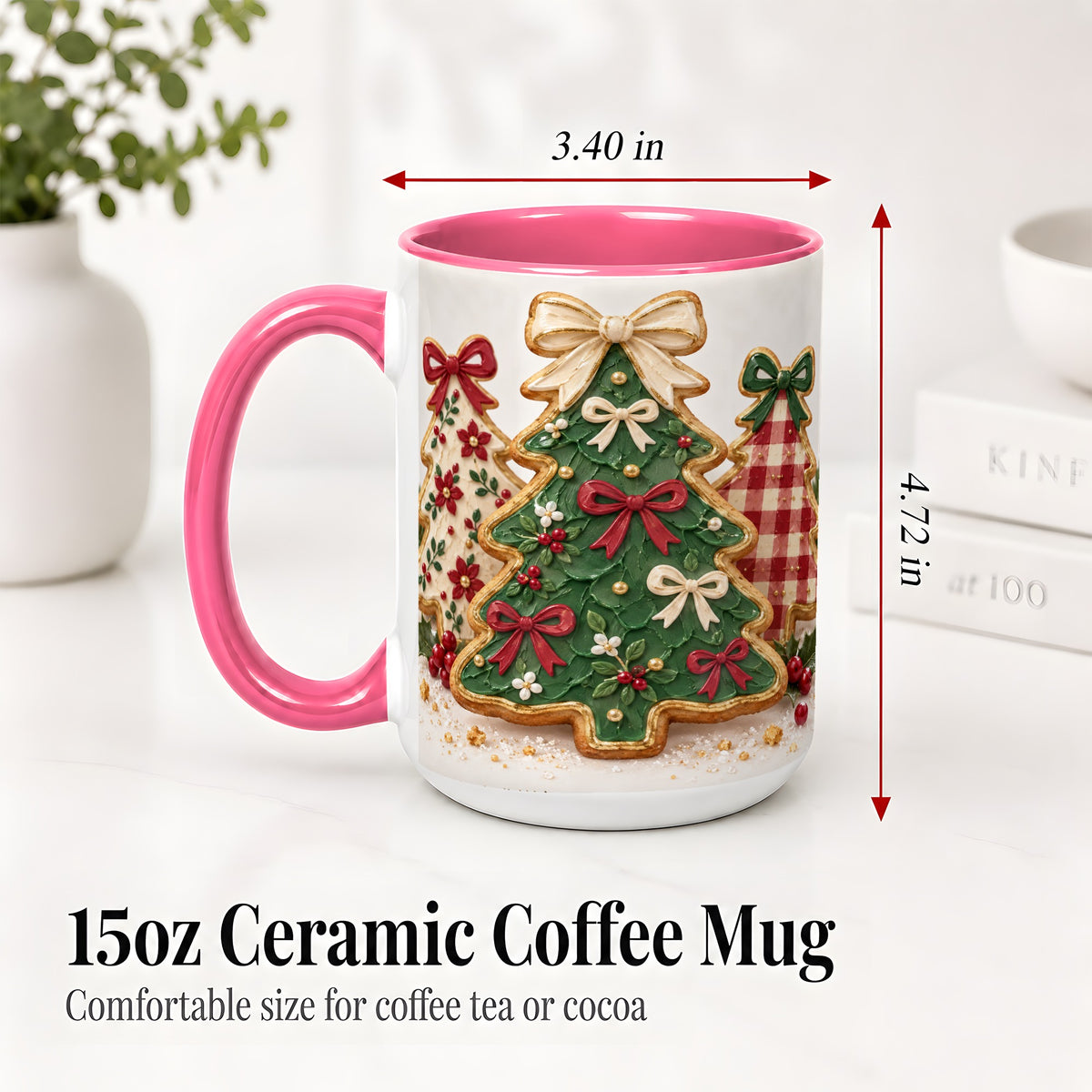 #pl[15oz|Pink] Christmas Tree Cookie Ceramic Mug, Bow and Plaid Holiday Artwork