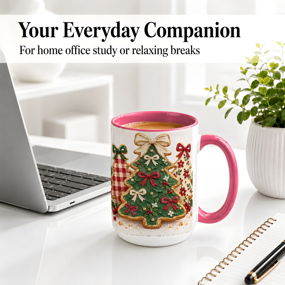 #pl[15oz|Pink] Christmas Tree Cookie Ceramic Mug, Bow and Plaid Holiday Artwork