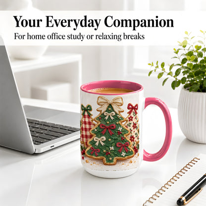 #pl[15oz|Pink] Christmas Tree Cookie Ceramic Mug, Bow and Plaid Holiday Artwork