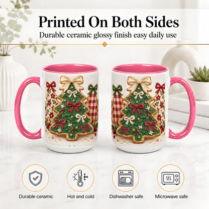 #pl[15oz|Pink] Christmas Tree Cookie Ceramic Mug, Bow and Plaid Holiday Artwork