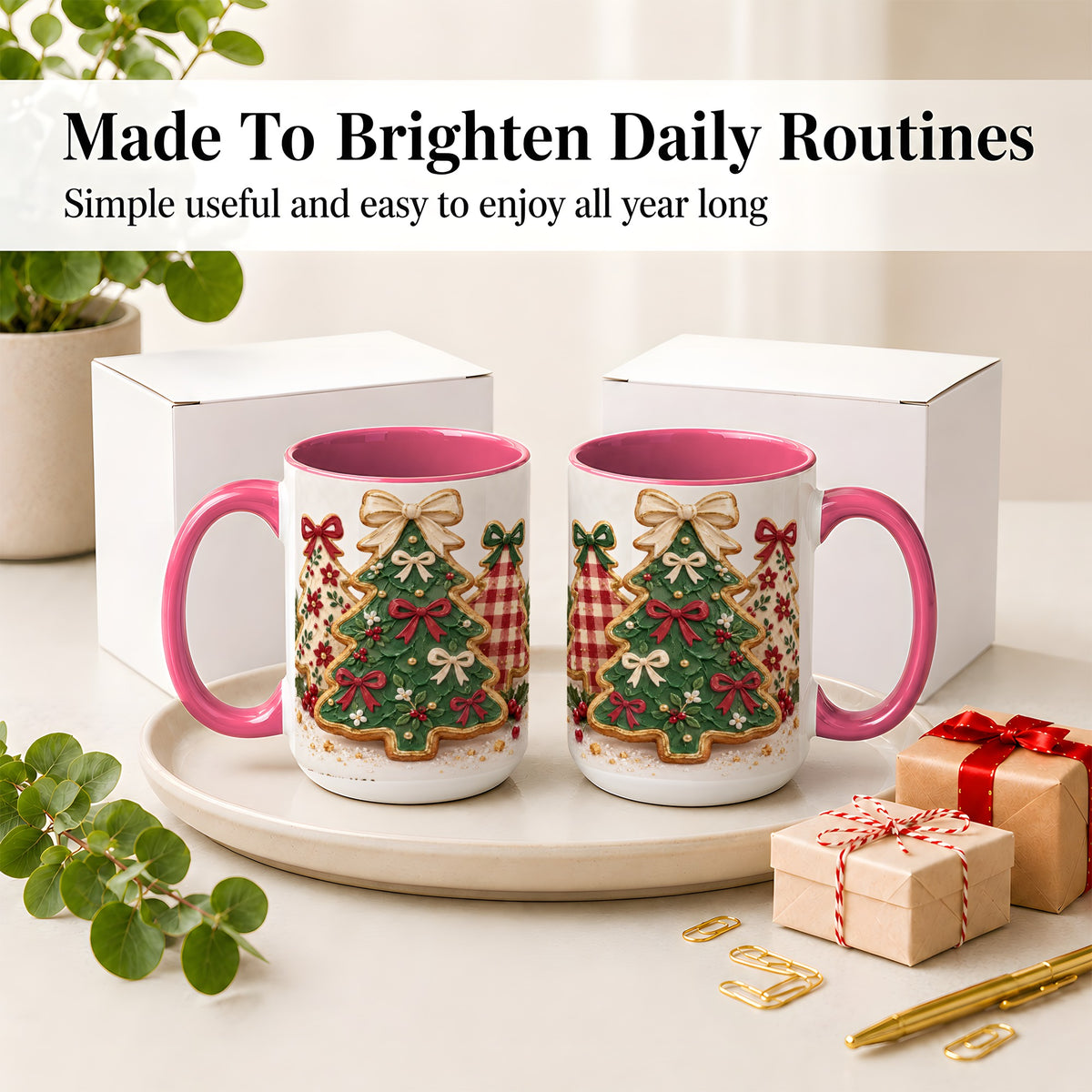 #pl[15oz|Pink] Christmas Tree Cookie Ceramic Mug, Bow and Plaid Holiday Artwork