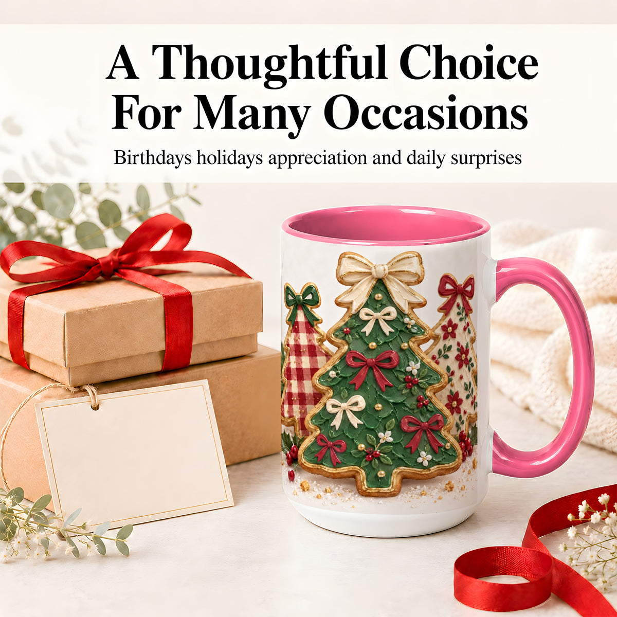 #pl[15oz|Pink] Christmas Tree Cookie Ceramic Mug, Bow and Plaid Holiday Artwork