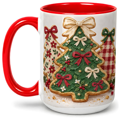 #pl[15oz|Red] Christmas Tree Cookie Ceramic Mug, Bow and Plaid Holiday Artwork