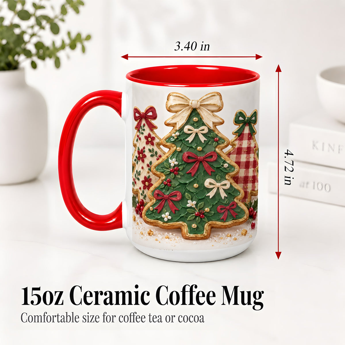 #pl[15oz|Red] Christmas Tree Cookie Ceramic Mug, Bow and Plaid Holiday Artwork