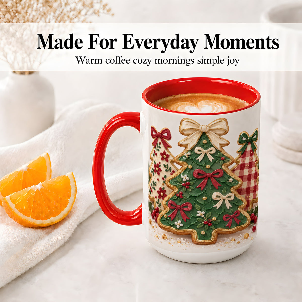 #pl[15oz|Red] Christmas Tree Cookie Ceramic Mug, Bow and Plaid Holiday Artwork