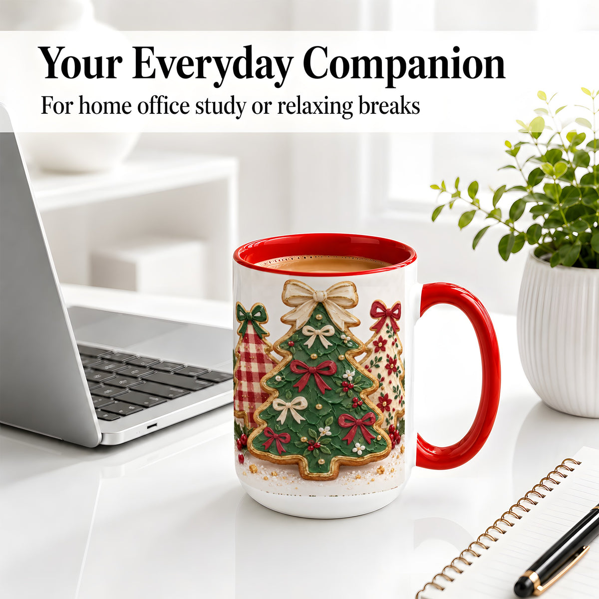 #pl[15oz|Red] Christmas Tree Cookie Ceramic Mug, Bow and Plaid Holiday Artwork