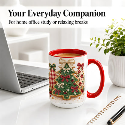 #pl[15oz|Red] Christmas Tree Cookie Ceramic Mug, Bow and Plaid Holiday Artwork