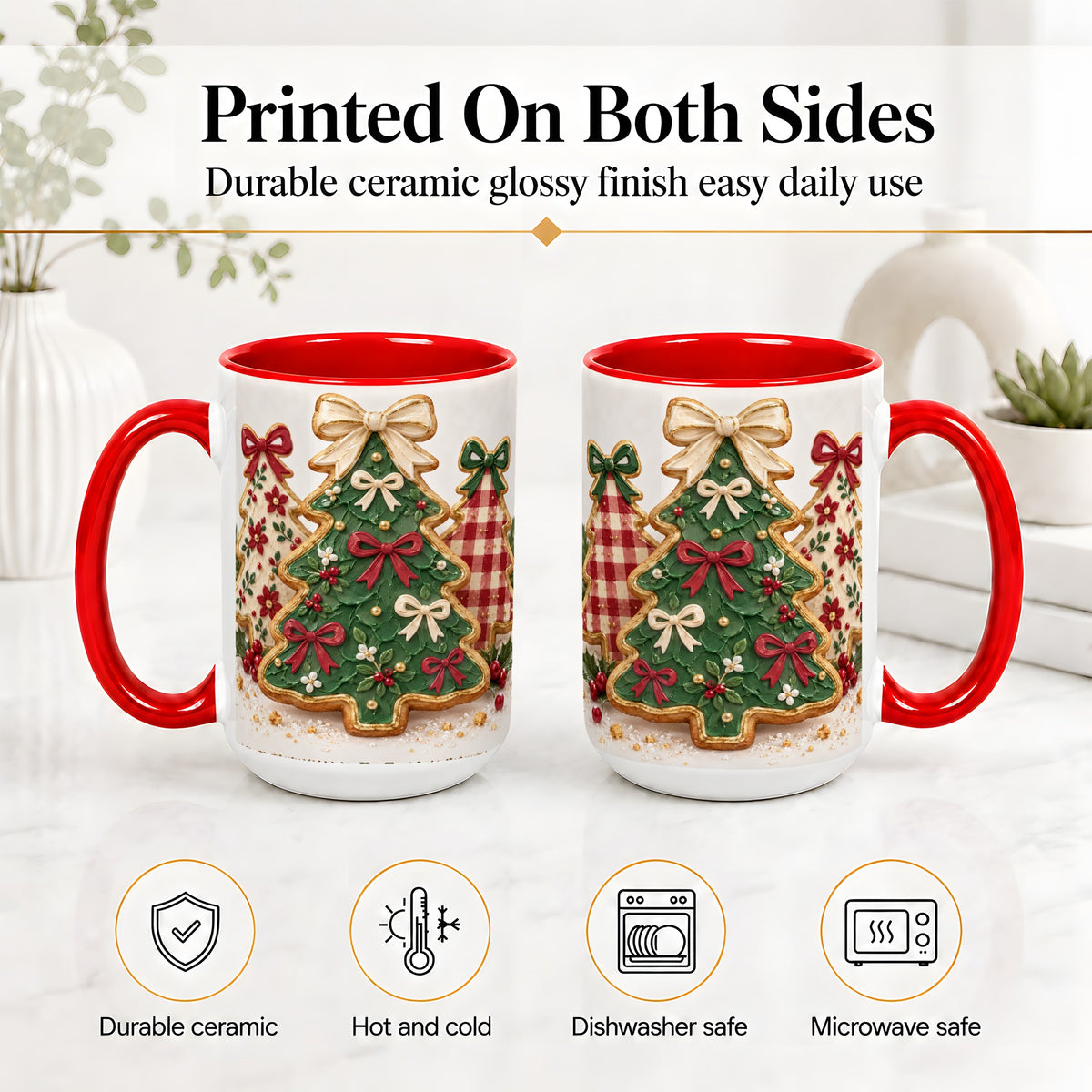 #pl[15oz|Red] Christmas Tree Cookie Ceramic Mug, Bow and Plaid Holiday Artwork