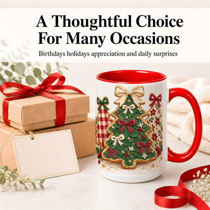 #pl[15oz|Red] Christmas Tree Cookie Ceramic Mug, Bow and Plaid Holiday Artwork