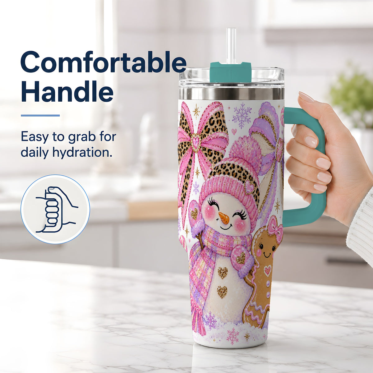 #pl[40oz|Green] Pink Snowman Christmas 40oz Tumbler, Gingerbread Holiday Artwork Drinkware