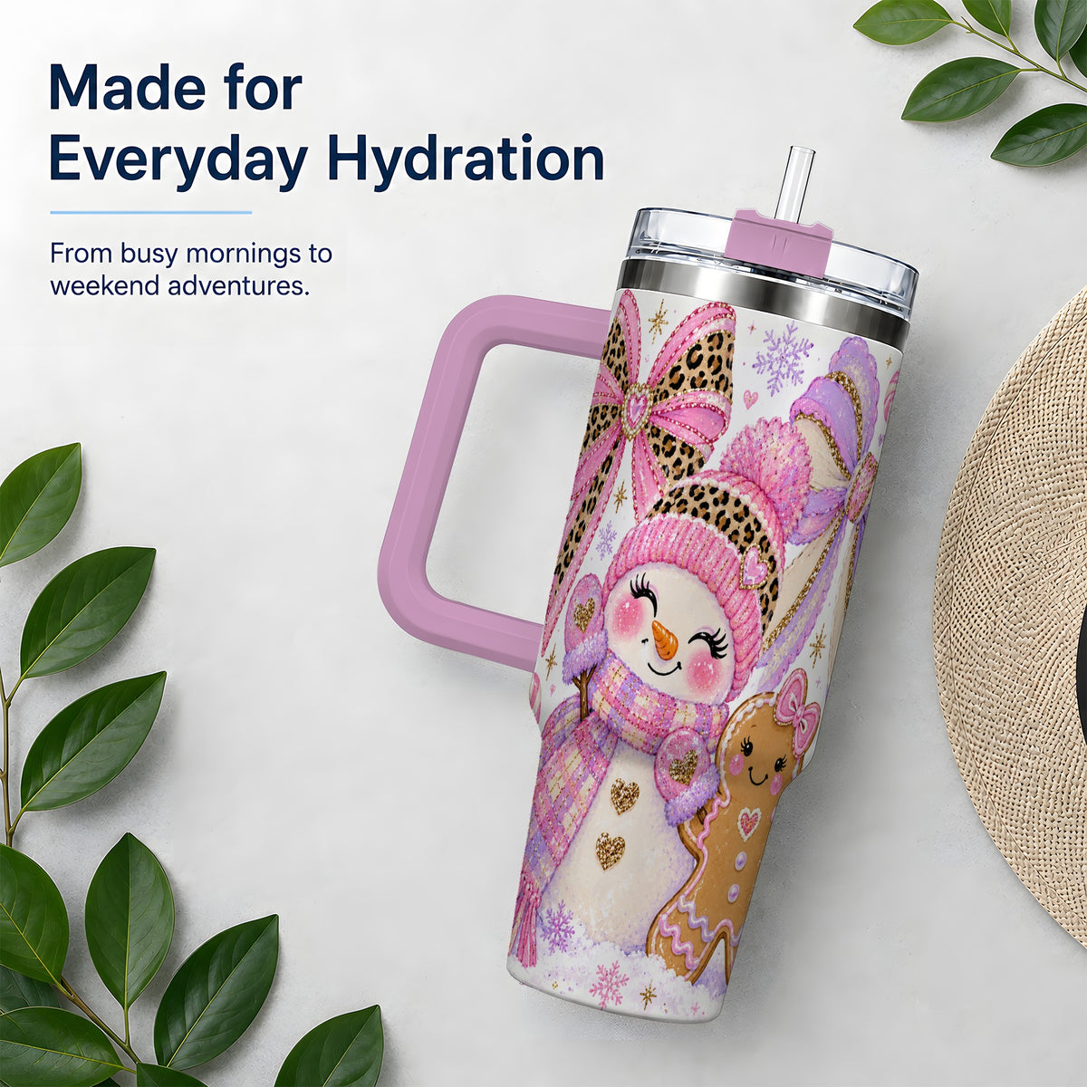 #pl[40oz|Pink] Pink Snowman Christmas 40oz Tumbler, Gingerbread Holiday Artwork Drinkware