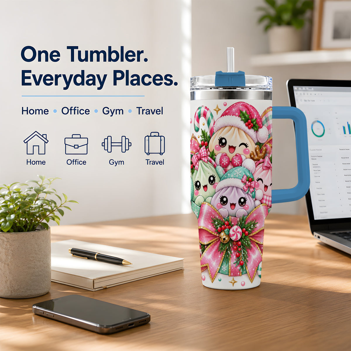 #pl[40oz|Blue] Cute Pastel Christmas 40oz Tumbler, Holiday Character Artwork Drinkware
