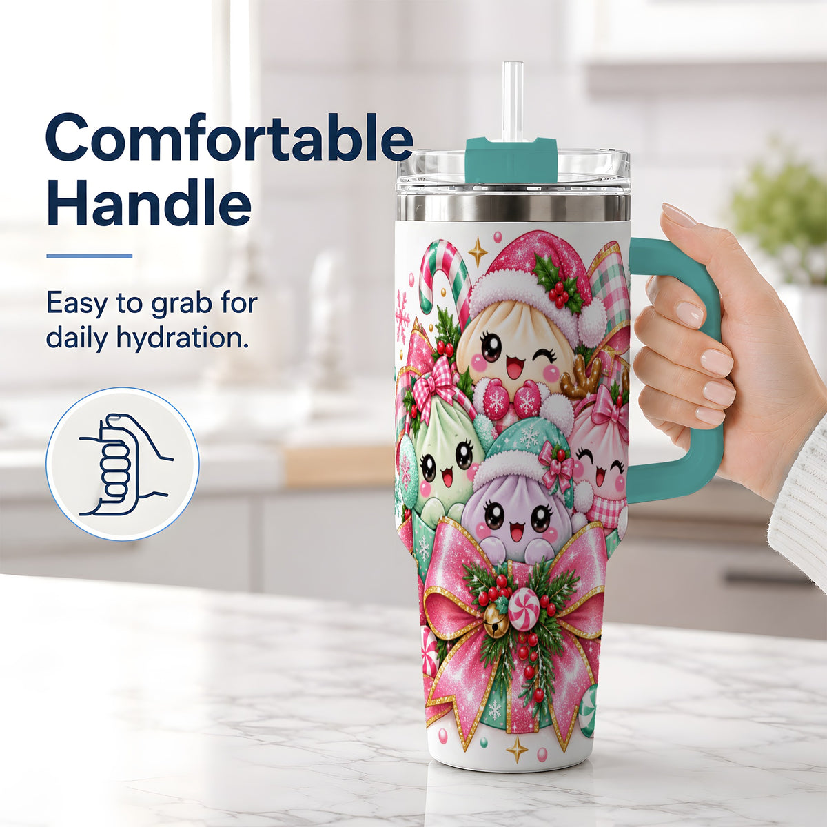 #pl[40oz|Green] Cute Pastel Christmas 40oz Tumbler, Holiday Character Artwork Drinkware