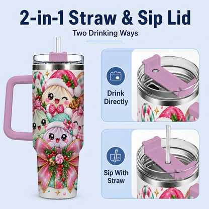 #pl[40oz|Pink] Cute Pastel Christmas 40oz Tumbler, Holiday Character Artwork Drinkware