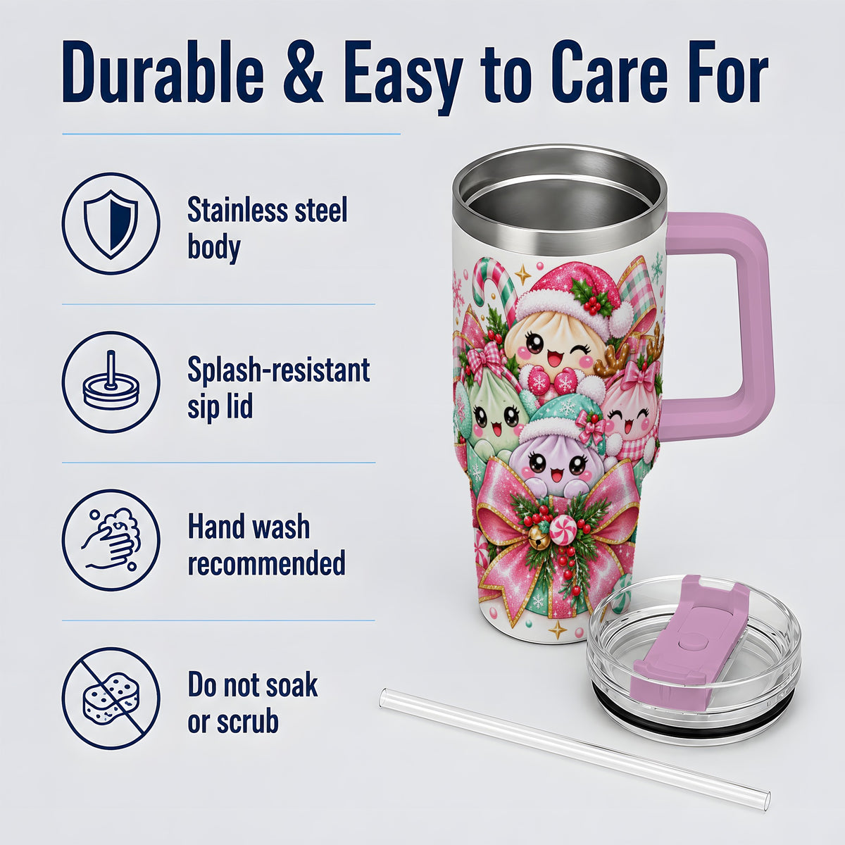 #pl[40oz|Pink] Cute Pastel Christmas 40oz Tumbler, Holiday Character Artwork Drinkware