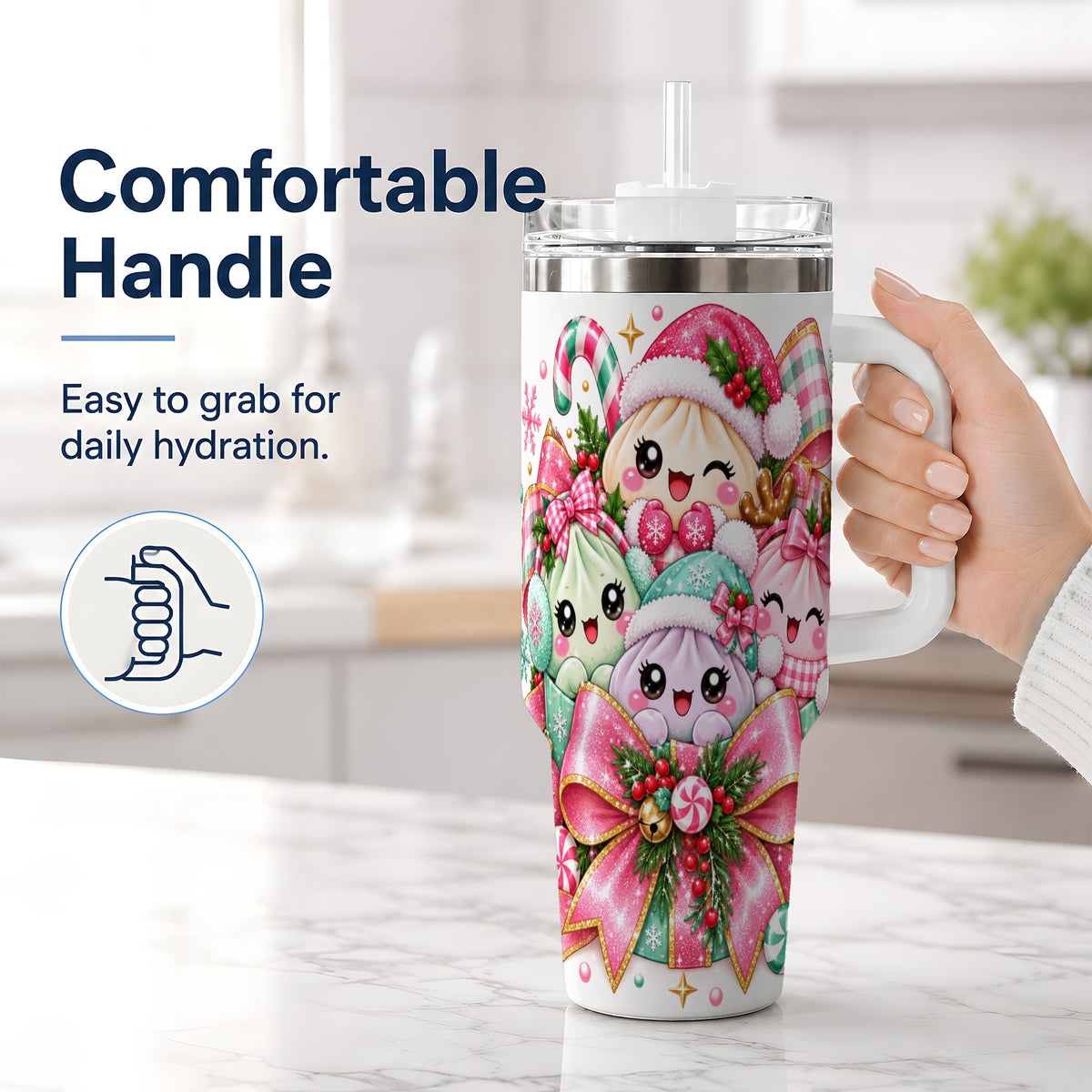 #pl[40oz|White] Cute Pastel Christmas 40oz Tumbler, Holiday Character Artwork Drinkware