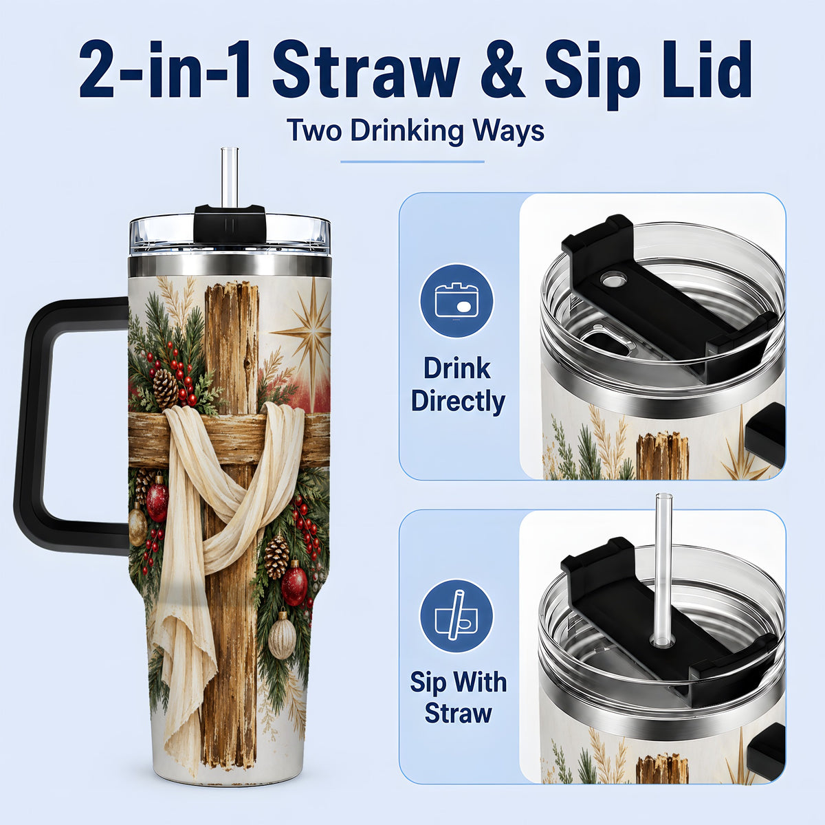 #pl[40oz|Black] Christmas Cross 40oz Tumbler, Rustic Christian Holiday Artwork Drinkware