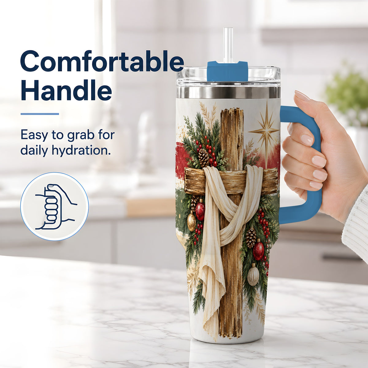 #pl[40oz|Blue] Christmas Cross 40oz Tumbler, Rustic Christian Holiday Artwork Drinkware