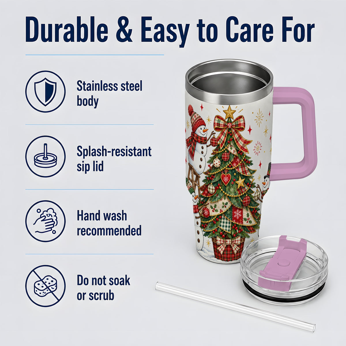#pl[40oz|Pink] Snowman Christmas Tree 40oz Tumbler, Plaid Holiday Artwork Drinkware