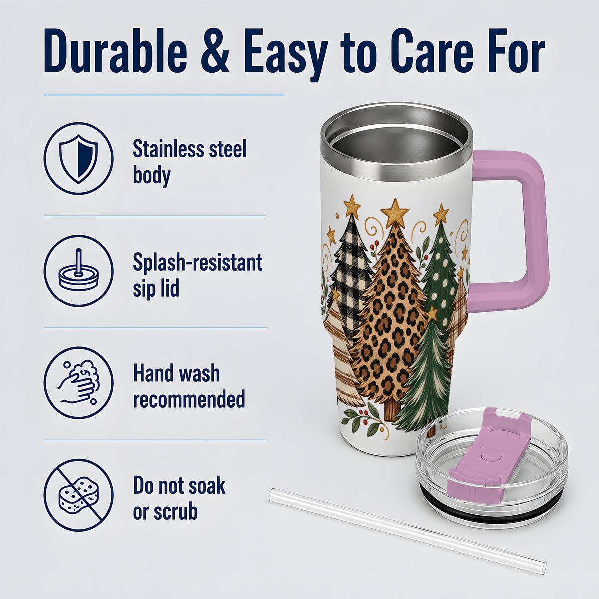 #pl[40oz|Pink] Patterned Christmas Trees 40oz Tumbler, Rustic Holiday Artwork Drinkware