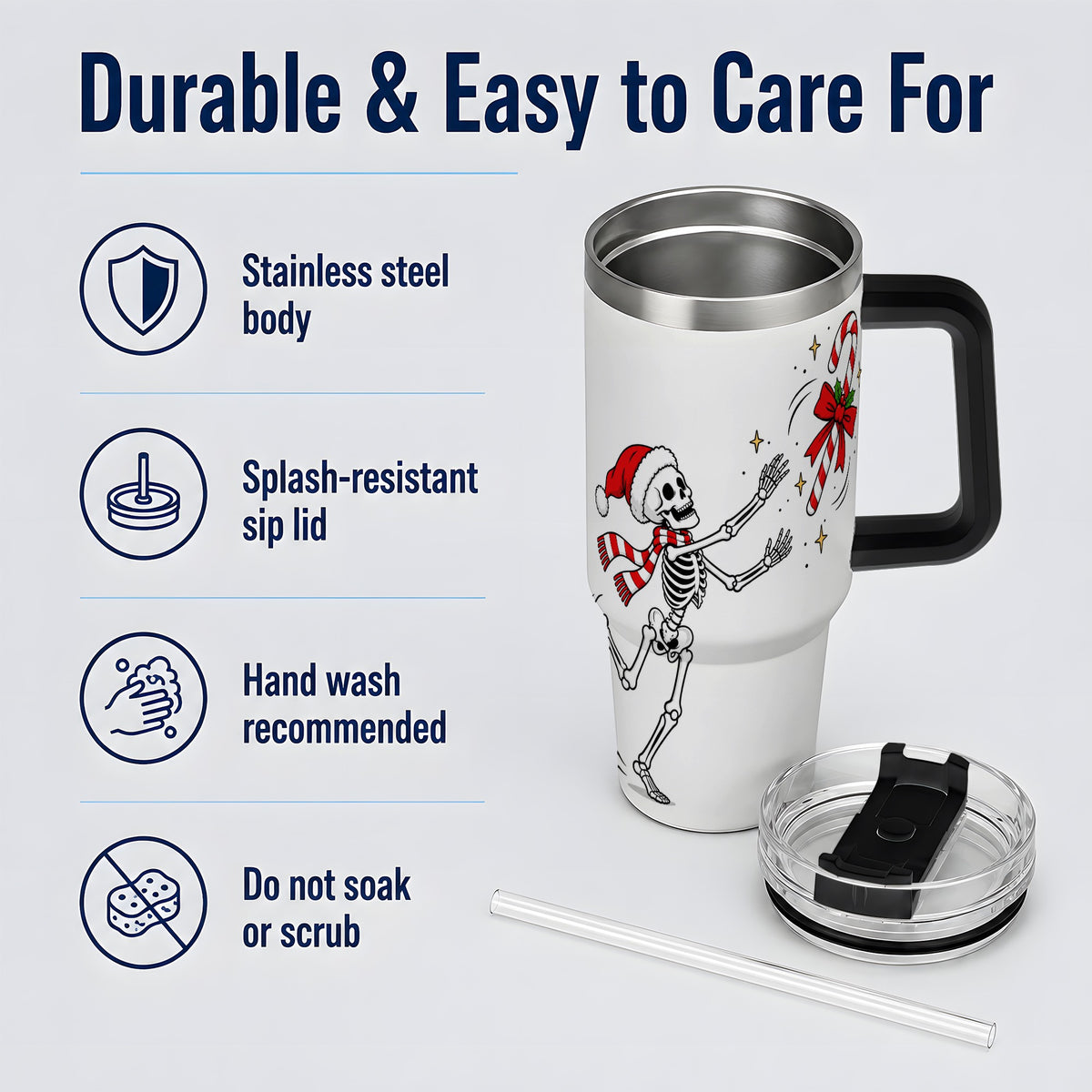 #pl[40oz|Black] Christmas Skeleton Drinkware, 40oz Tumbler with Candy Cane Artwork